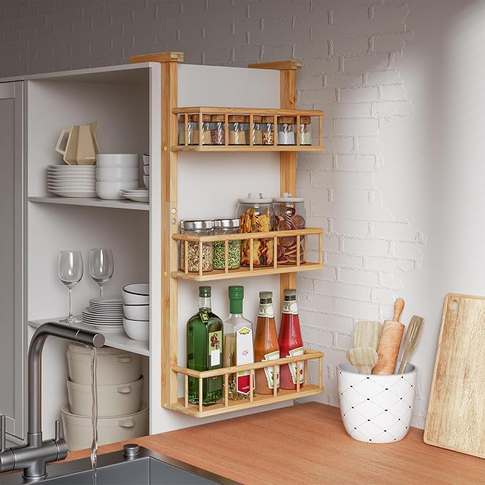 Hanging Spice Rack for Refrigerator - 3 Tier Bamboo Kitchen Counter Shelf Organizer for Can Seasoning Storage, Adhesive to Fridge & Pantry Side - Image 3