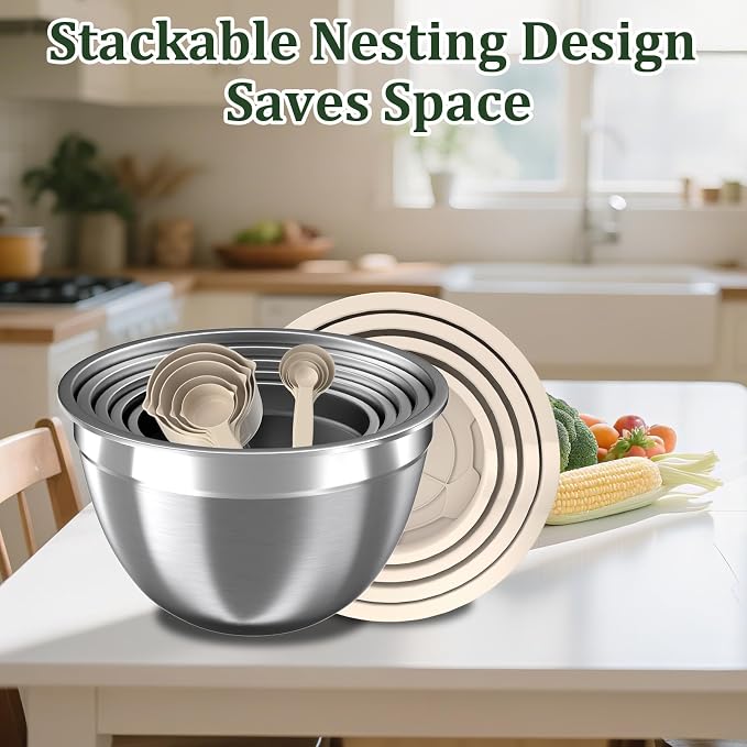 Mixing Bowls with Lids Set, 16PCS Stainless Steel Mixing Bowls,Nesting Storage Bowls for Kitchen with Mixing Bowls Set, Colander, Strainer & Grater , Metal Salad Bowl for Kitchen Gadgets , Cream - Image 7
