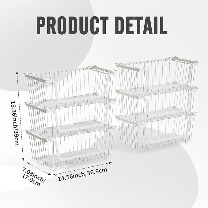 6 Pcs Stackable Wire Baskets for Pantry Organizers and Storage, | Vegetable Fruit Basket for Countertop,Kitchen Storage Metal Baskets,Produce Potato Onion Storage Bin,White - Image 2