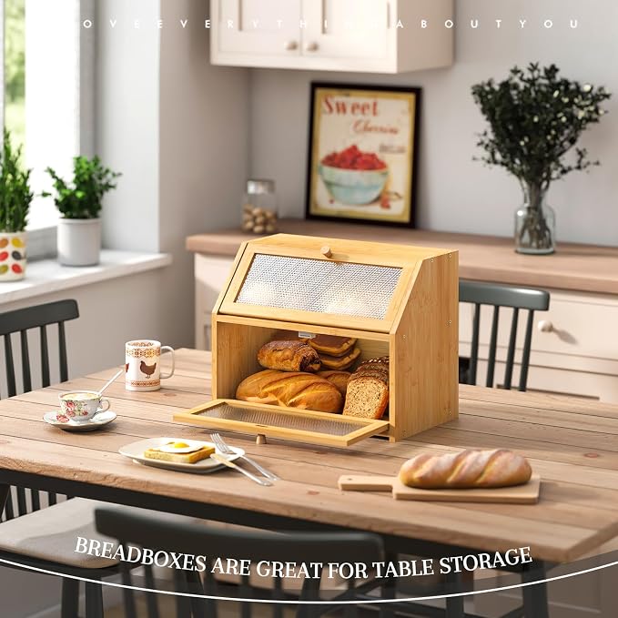 STDDRE Bread Box for Kitchen Countertop Bin Double Layer Bread Box Storage Container Extra Large Capacity Farmhouse with Diamond Pattern Windows (Natural, Large) - Image 3
