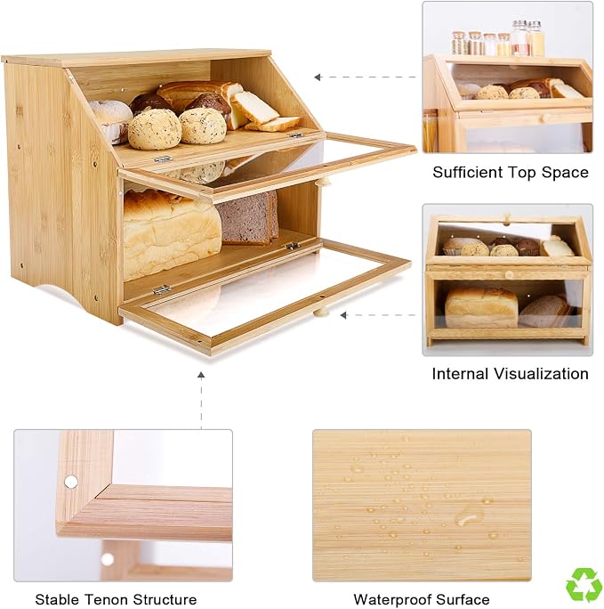 HOMEKOKO Double Layer Bread Box for Kitchen Countertop, Natural Bamboo | Keeps Bread Fresh 3-4 Days, Large Capacity Fits 2+ Loaves, Suitable For Home Kitchen Food Storage Use, See-Through Window - Image 5