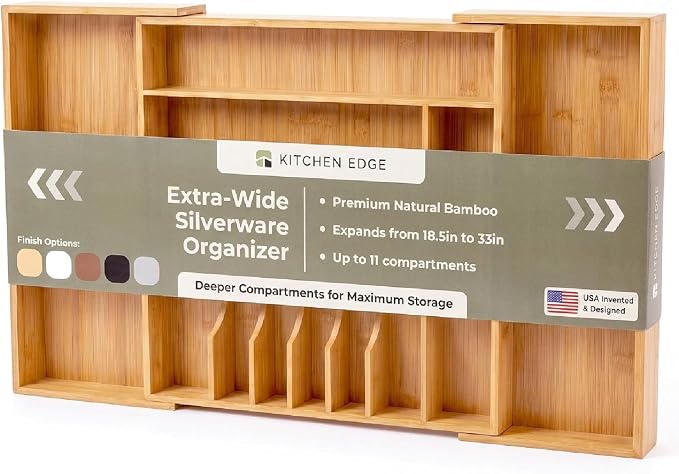 Silverware & Utensil Drawer Organizer, 18-33 in, Bamboo | Cutlery, flatware, food-safe contract grade, kitchen drawer fit by KitchenEdge