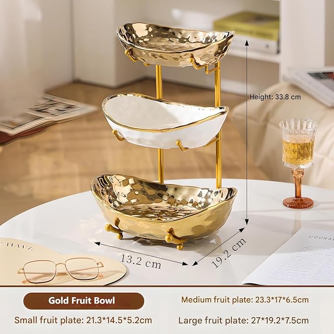 XUDREZ 3 Tier Fruit Bowl with Metal Stand for Kitchen Counter, Ceramic White Gold Silver, Tiered Fruit Basket for Nuts, Snacks, Bread, Candy Storage (Gold) - Image 2