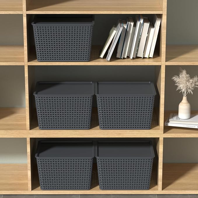 6-Pack Large Plastic Storage Baskets with Lid, Stackable Bins | 13.98" x 11.57" x 8.66", Organizer Bins for Office, Bathroom, Kitchen, Pantry, Gray - Image 4