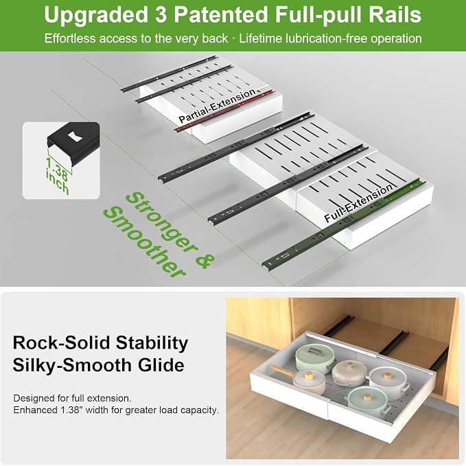 Expandable Pull Out Cabinet Organizer, 3 Full Extension Glides Slide Out Drawers, Roll Out Shelves Adhesive Raising Pad, Compatible Framed Cabinets (21" D x 12.2"-20.5" W(4Pack) White) - Image 4