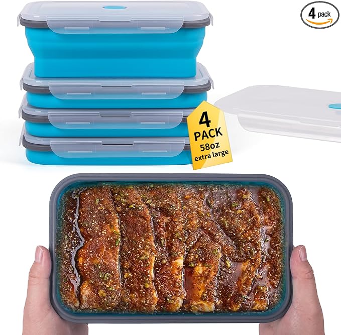 Extra Large Collapsible Food Storage Containers with Lid & Air Vent, 58 oz, 4 Pack, XL Collapsible Marinade Container with Lid Foldable Silicone Containers, Microwave Freezer Dishwasher Safe, Blue by Annaklin