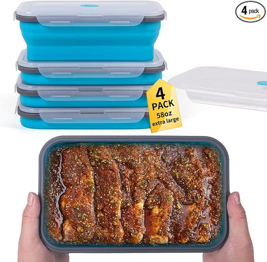Extra Large Collapsible Food Storage Containers with Lid & Air Vent, 58 oz, 4 Pack, XL Collapsible Marinade Container with Lid Foldable Silicone Containers, Microwave Freezer Dishwasher Safe, Blue by Annaklin