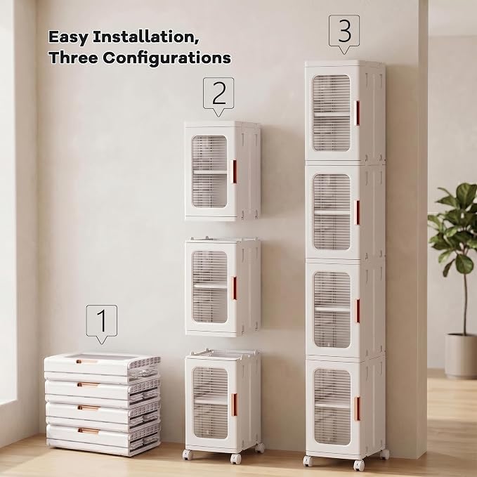 4-Tier Tall Narrow Plastic Storage Cabinet of 2, Foldable | Rolling Organizer with Lid,Doors,Stackable, Adjustable Shelves, Durable PP,Freestanding Bathroom Cabinet for Small Slim Space - Image 3