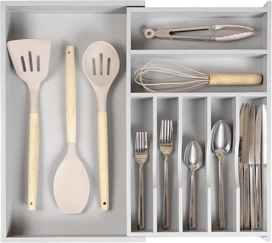 Silverware & Utensil Drawer Organizer, 10.5-19 in, Gray Bamboo | Cutlery, flatware, food-safe contract grade, kitchen drawer fit by KitchenEdge