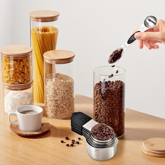EDELIN Magnetic Measuring Cups and Spoons Set, Stainless Steel 7 cup and 7 spoon with 1 Leveler, 18/8 304 stainless steel (Black 15 sets) - Image 4