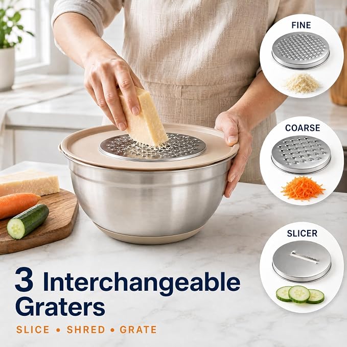 7QT 30PCS Mixing Bowls with Lids Set, 7QT to 1QT Stainless Steel Nesting Bowls with Graters, Non-Slip Silicone Bottom, Large Khaki Bowls & 21 Measuring Cups and Spoons Set Kitchen Appliances - Image 6