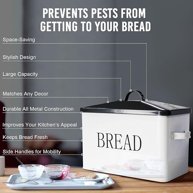 SOTECH Metal Bread Box with Lid for Kitchen Countertop Large Bread Bin kitchen Bread Food Snacks Storage Container Farmhouse BreadBox Grey Lid White Body with Side Handles - Image 7