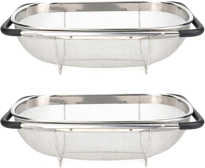 2 PackPremium Quality Over The Sink Stainless Steel Oval Colander with Fine Mesh 6 Quart Strainer Basket & Expandable Rubber Grip Handles - Strain, Drain, Rinse Fruits, Vegetables1 by Unknown
