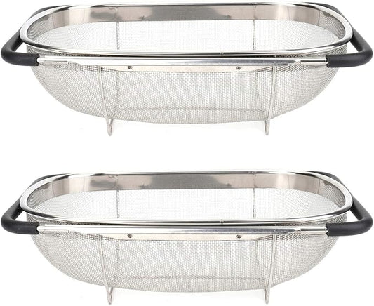 2 PackPremium Quality Over The Sink Stainless Steel Oval Colander with Fine Mesh 6 Quart Strainer Basket & Expandable Rubber Grip Handles - Strain, Drain, Rinse Fruits, Vegetables1 by Unknown