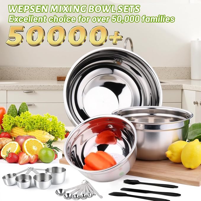 WEPSEN Mixing Bowls Set, 25PCS Stainless Steel Mixing Bowl with Lid Set, Large Nesting Bowls 7, 4.5, 3,2, 1.5QT, Measuring Cups and Spoons Baking Utensils Metal Bowl for Kitchen Prep - Image 2
