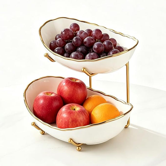 2-Tier Fruit Bowls for Kitchen Counter,Ceramic White Bowl with Gold Metal Stand,2 Tier Fruit Basket for Fruit,Snack,Cake,Nuts,Dessert Space Saving Storage by Afeyibu