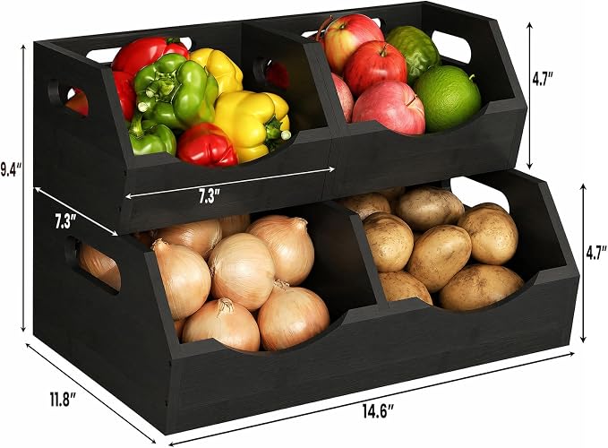 Potato and Onion Storage Bin, 2 Tier Bamboo Kitchen Storage Rack, Stackable Ventilated Pantry Organizer with Handles for Garlic Peppers Vegetables, Countertop Produce Bins, Black(Assembly Required) - Image 7