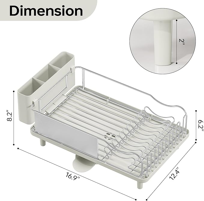 Urackify Dish Drying Rack, Stainless Steel Dish Rack with Auto Drain | Rustproof Dish Drainer with Cutlery Holder & Auto Drain, 16.9" L x 12.4" W Big Load for Plate Dish Sliverware, Light Geen - Image 2