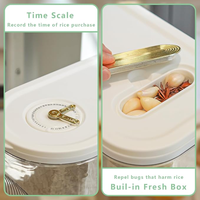 Rice Storage Container 10kg, Clear Food Grain Dispenser with Date Dial & Measuring Cup, Space-Saving Organizer for Rice, Cereal, Pet Food, Pasta - Image 7