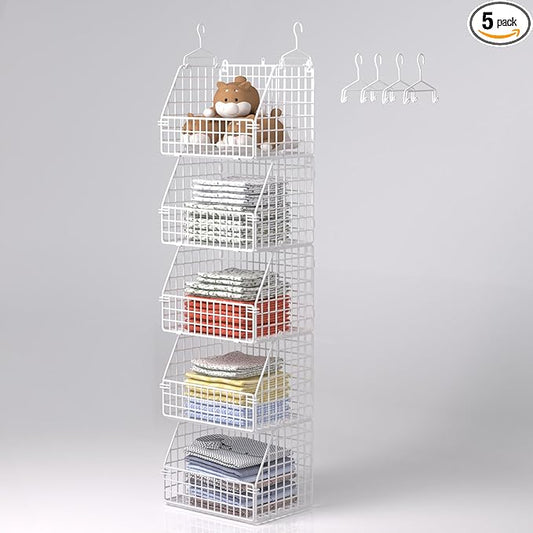 PUPPYCUTE Hanging Closet Organizer and Storage, Clothes Hanging Shelves Wire Baskets for Clothing Sweaters Purse Handbags Shoes White 5 Tier by PUPPYCUTE