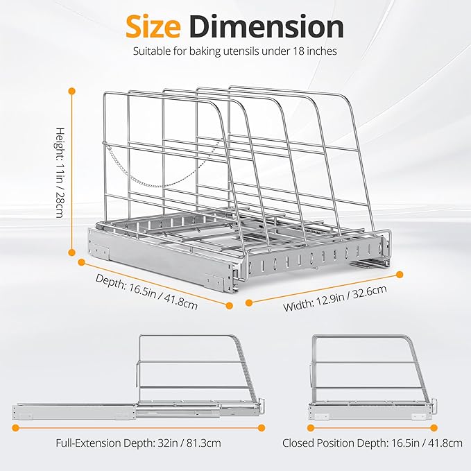 NestSprout Pull Out Cabinet Organizer for Cutting Board, Cookie Sheet, Baking Sheet, Stainless Steel Sliding Rack for Bakeware & Trays, Heavy-Duty Cutting Board Organizer 12.9”W x 16.5”D | Stainless Steel Sliding Rack for Bakeware & Trays, Heavy-Duty C... - Image 4