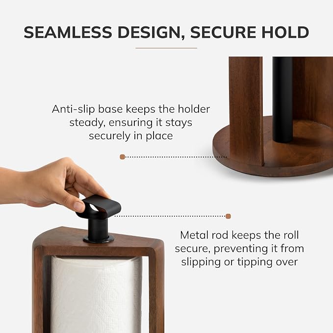 Anji Mountain Wooden Paper Towel Holder with Metal Holder, Holder Stand for Kitchen Roll Organizer & Kitchen Dining Table Home Décor, Countertop Fits Jumbo & Mega Rolls - Walnut/Black, Top Load - Image 4