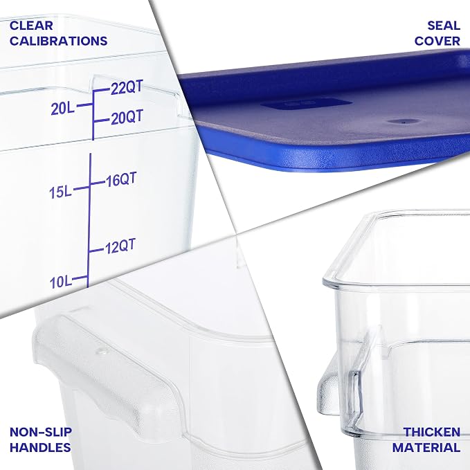 BIEAMA 4 Pack 22 Qt Square Food Storage Containers with Lids, NSF, Clear | Commercial polycarbonate containers with scale markings and handles; stackable for prep, brining, fermentation & bulk storage - Image 3