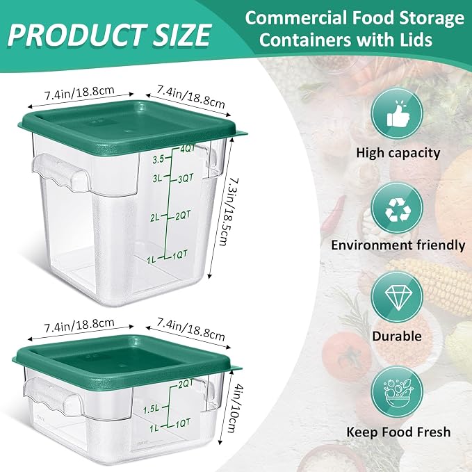 Yungyan 16 Pcs Restaurant Food Storage Containers with Lids Set 2Qt and 4Qt Commercial Restaurant Square Storage Containers Clear Food Cereal Container for Kitchen Freezer (Green Lids) - Image 2