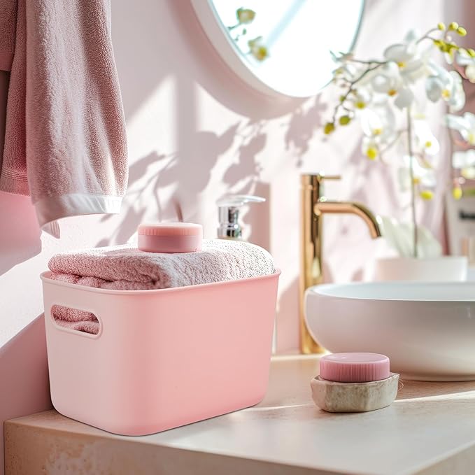 8 Pieces Colorful Storage Bins with Lid, Plastic Storage Basket Organizing Container Stackable Box with Handle for Shelves Desktop Playroom Office(9.8 x 7.1 x 6.3 Inch,White and Pink) - Image 5