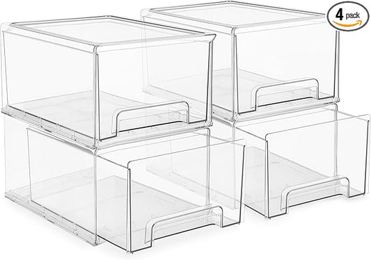 Sorbus Large Clear Stackable Storage Drawers – 4-Pack Plastic Organizer Bins with Handles – Stackable Pull-Out Storage Drawers for Closet, Pantry, Office, Bathroom, Craft, and Toy Organization by Sorbus