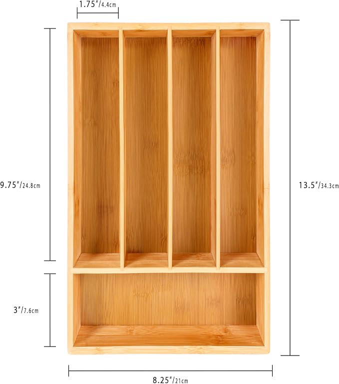 BergHOFF Bamboo Flatware Organizer 5-slot, 13.5" x 8.25", Natural, Fit in any size of drawer, great for spoons, forks, knives, scissors, peelers, chef tools | Skinny Silverware Organizer for Narrow Kitchen Drawers, 5 Compartment Cutlery Tray & Utensil ... - Image 3