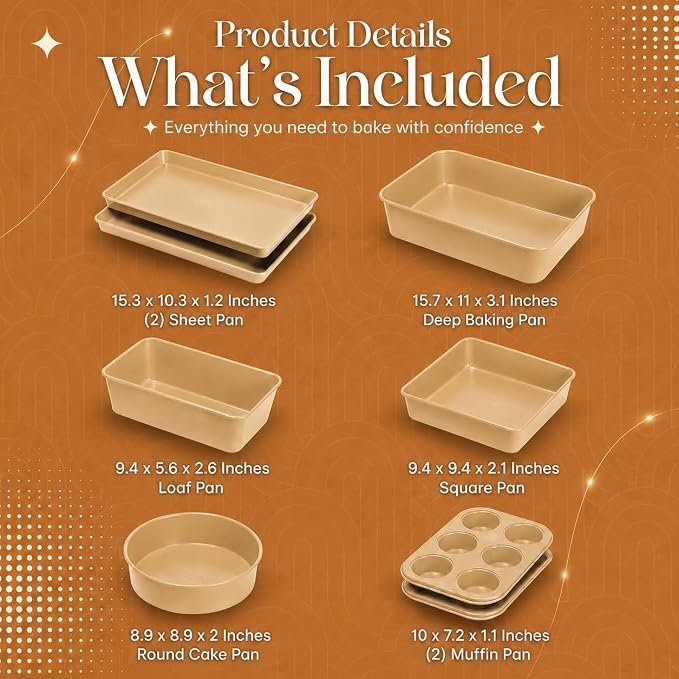Nonstick Bakeware Set 8 Piece - Stackable Baking Pan Set, Oven safe 450°F, Carbon Steel Baking Set with Muffin, Loaf, Cookie Sheets & Roaster, Easy Storage, BPA-Free (Beige) - Image 7