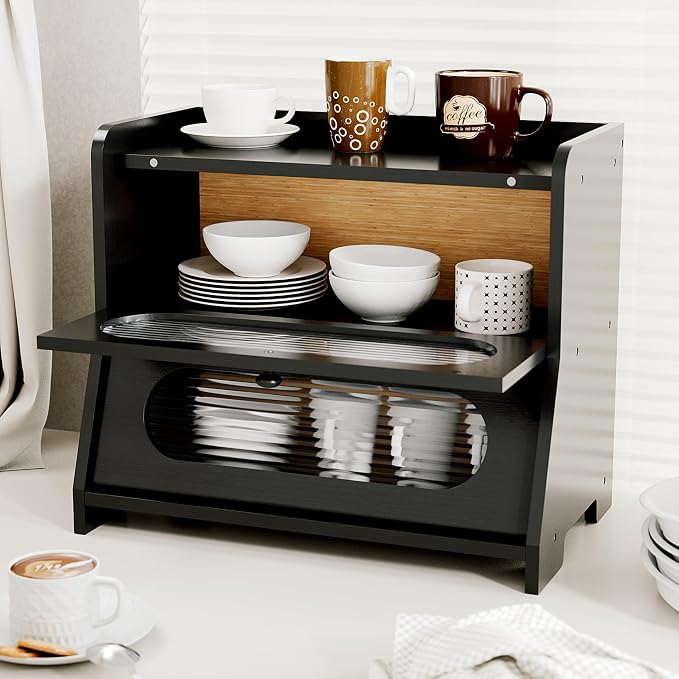 Bread Box,Extra Large 2-Tier Bamboo Bread Box for Kitchen Countertop,Bread Storage Container with Magnetic Acrylic Door for Homemade Bread,Under Cabinet,Pantry Organizer(Black) - Image 7