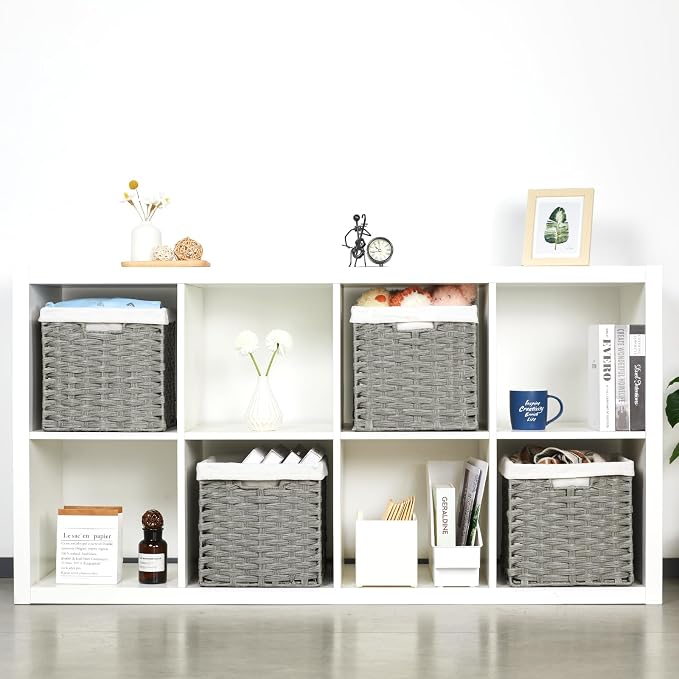 Bidtakay Wicker Cube Baskets with Liners Cube Storage Organizer for Shelves Closet 11 inch 4 Pack Decorative Hand-Woven Imitation Wicker Storage Bins for Organizing Pantry Bedroom Light Grey - Image 4