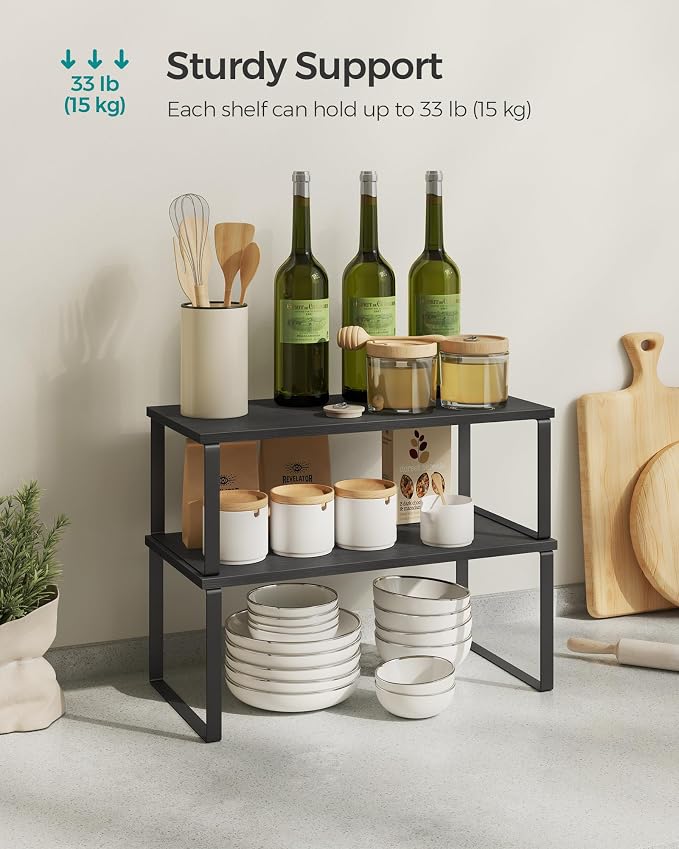 SONGMICS Cabinet Organizer Shelf, Set of 2 Kitchen Counter Shelves, Kitchen Storage, Spice Rack, Stackable, Expandable, Metal and Engineered Wood, 15.6 Inches, Ink Black and Charcoal Black UKCS025B01 - Image 4