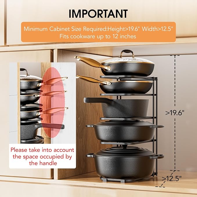 5-Tier Pot and Pan Organizer 16.6", No Assembly Cookware Rack 1-Pack | One-piece Design, Multi-height Layered,Anti-Tip Structure, Dual Vertical & Horizontal Use, Fits Cast Iron Pans & Dutch Ovens - Image 2