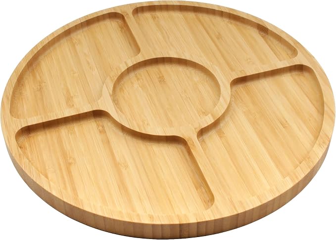 BambooMN Natural 12" Bamboo Round 5 Compartment Serving Tray/Platter, Charcuterie Board, Perfect for Snacks, Party Platter, Appetizers - 1 Tray by BambooMN