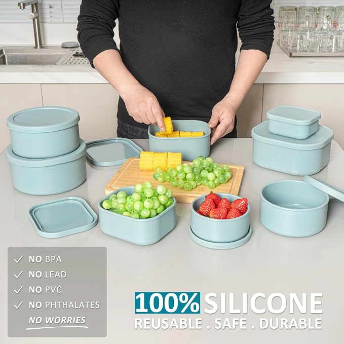 100% Silicone Food Storage Containers with Lids, 8 Pack, 10oz to 51oz, Reusable Leakproof Nesting & Stackable Silicone Bento Lunch Box, Microwave Freezer Dishwasher Oven Safe, BPA Free, Slate Green - Image 2