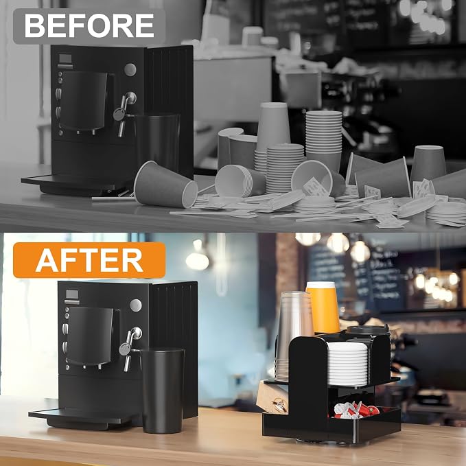 Beego Rotatable 6 Compartment Acrylic Cup Dispenser - Black Plastic Cup Holder for Coffee Station, Restaurant, Breakroom & Coffee Bar - Image 6