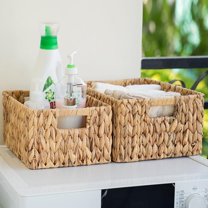FairyHaus Wicker Baskets 15x11x7 & 13.4x9.5x6.5, 2 Pack Handmade Big Wicker Storage Basket with Handles, Natural Water Hyacinth Wicker Baskets for Storage Shelves Organizing, Rectangle Wicker Basket - Image 8