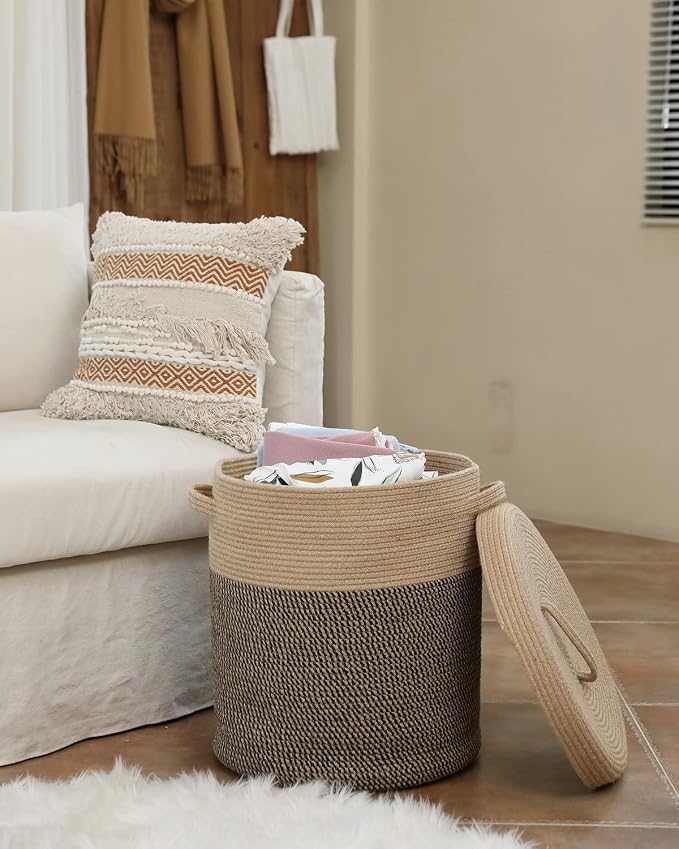 16x18 Inch Extra Large Round Cotton Rope Storage Basket with Lid, Decorative Woven Bin with Cover for Living Room Bedroom Closet, Jute & Black Mix - Image 4
