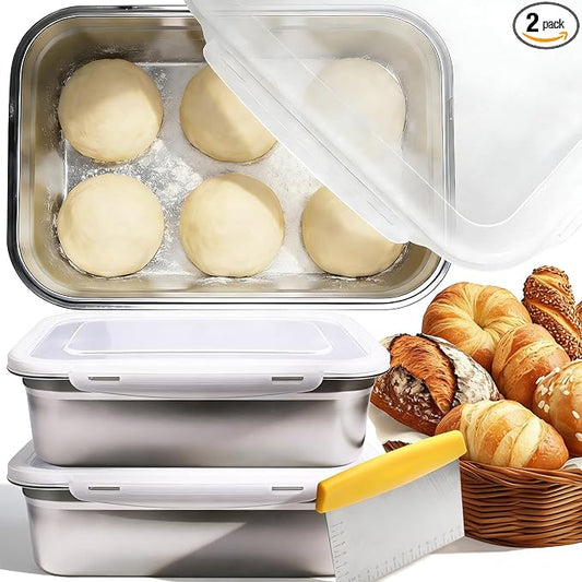 2 Pack Pizza Dough Tray, 10L Stainless Steel Pizza Dough Proofing Container with Clear Airtight Lid, Stackable Fermentation Storage for Dough Balls & Bread, Includes Cutter by Unknown
