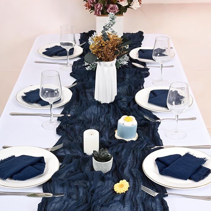 36 Pack Navy Blue Cloth Napkins, 16 x 16 Inch Cotton with Fringe Settings | Handmade washable reusable cotton dinner napkins in bulk for weddings, parties, rustic boho table settings - Image 8