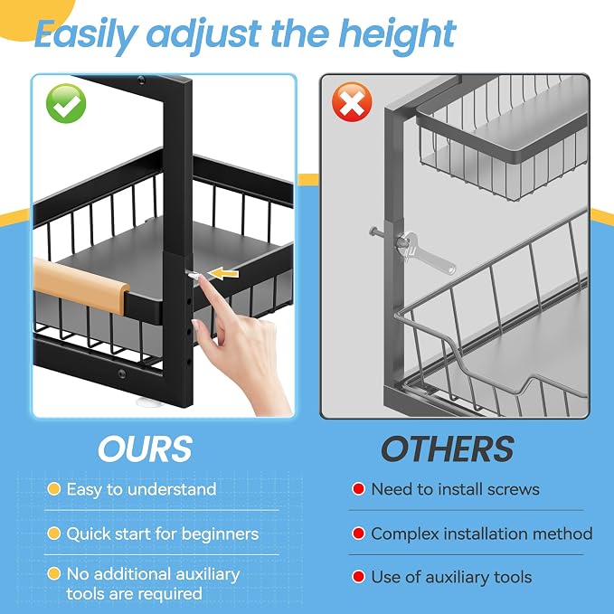 ADBIU Under Sink Organizer 2 Packs 2 Tier Expandable Height Under-Sink Organizers Slide Out Pull Out Organizer Shelf, Black - Image 4