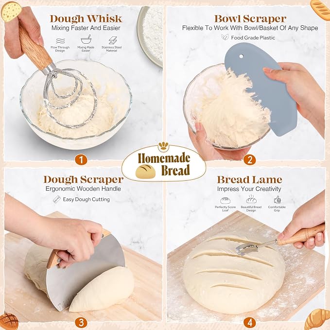 Sourdough Starter Kit, Sourdough Bread Baking Supplies, Bread Proofing Basket, Sourdough Kit for Modern Home and Kitchen, Sourdough Bread Basket, Sour Dough Kit Tools, Bread Making Tools Kit | Gray, 9" Round & 10" Oval Baskets, Sourdough Bread Baking S... - Image 2