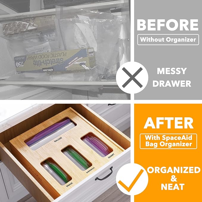 SpaceAid Bag Storage Organizer for Kitchen Drawer, Bamboo Organizer, Compatible with Gallon, Quart, Sandwich and Snack Variety Size Bag (1 Box 4 Slots, Natural, 2" High) - Image 2