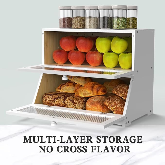 LOHASOK Bread Box for Kitchen Countertop,White | 2-layer, Bamboo, Large, Farmhouse Bread Container Holder Storage, Acrylic translucent window - Image 4