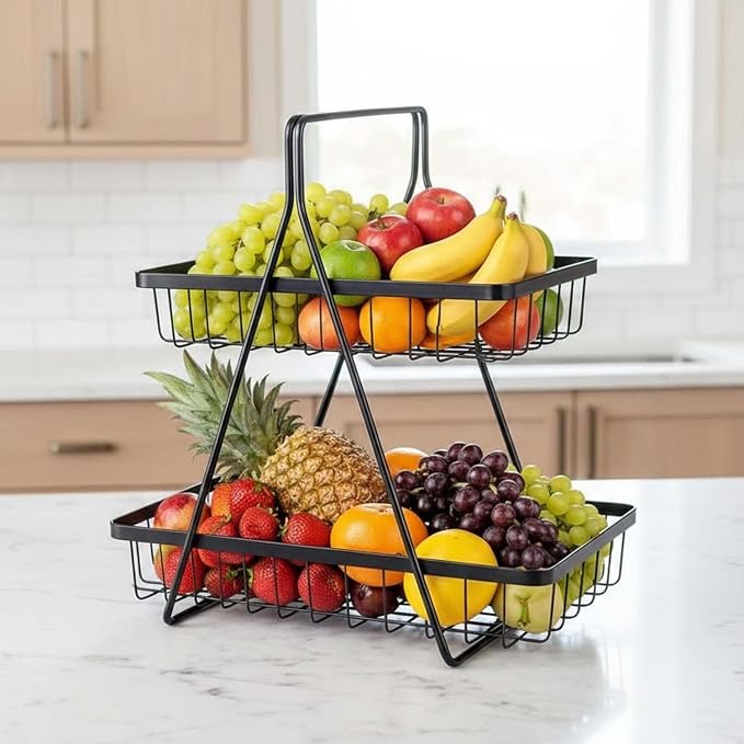 Go Hooked Counter-top 2 Tier Fruit Basket ideal for Dining Table, Centre Table | Metal Fruit Bowl or Bread Basket Vegetables Storage Organizer Holder (Black) by Go+Hooked