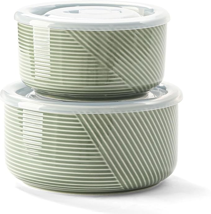 Ceramic Nesting Bowls with Lid, Microwave Safe, Set of 2, Green | Food Storage Containers for Work Lunch Picnic Camping Meal Prep Soup Salad Cereal Leftovers - 5 & 6 Inch, 20 & 32 oz by Adewnest