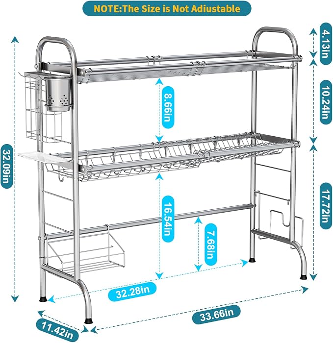 HOWDIA Stainless Steel 2-Tier Over The Sink Dish Drying Rack with Utensil Holder, Large, for Kitchen Counter | Stainless Steel, Cutlery Holder & Chopping Board Rack, for Kitchen Counter - Image 4